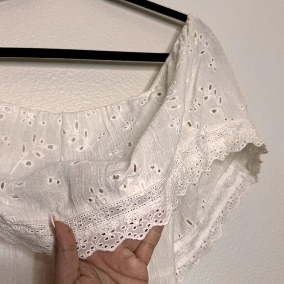 Free People Off Shoulder Dress Medium Ivory Cottagecore Prairie Indie Midi Eyele - Picture 7 of 15